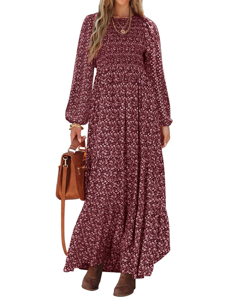 Emma Vestido Mujer – Vestido Largo Floral con Corsé Fruncido, Mangas Largas y Falda con Volantes