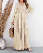 Sophie Abito Donna – Boho maxi ruha V-nyakkal, hosszú ujjakkal és fodros szoknyával