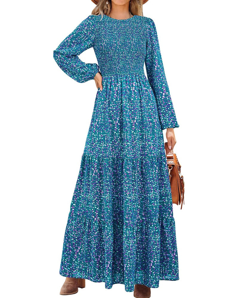 Emma Vestido Mujer – Vestido Largo Floral con Corsé Fruncido, Mangas Largas y Falda con Volantes