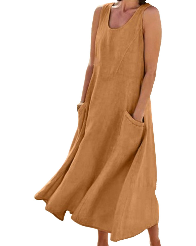 Emilia Vestito Donna Maxi – Misto Lino, Senza Maniche, Tasche & Fit Fluido