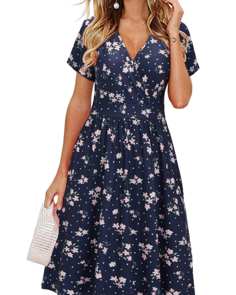 Sienna Vestito Donna Midi – Scollo a V, Maniche Corte, Tasche & Taglio Wrap