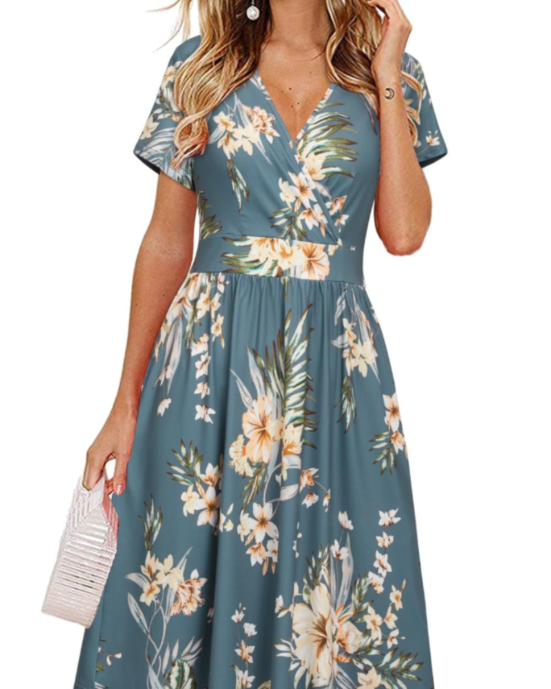 Sienna Vestito Donna Midi – Scollo a V, Maniche Corte, Tasche & Taglio Wrap