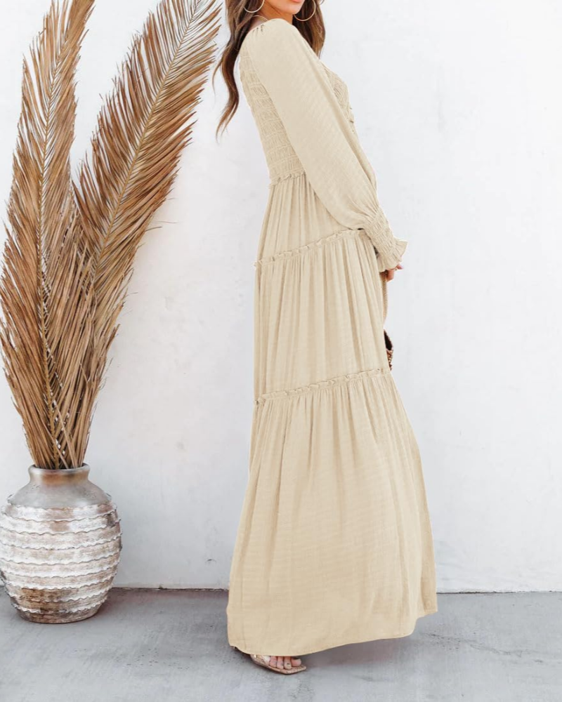 Sophie Abito Donna – Boho maxi ruha V-nyakkal, hosszú ujjakkal és fodros szoknyával