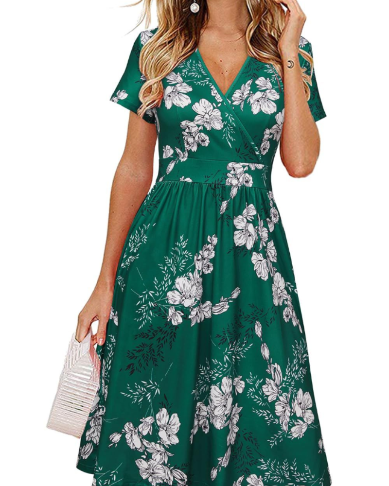 Sienna Vestito Donna Midi – Scollo a V, Maniche Corte, Tasche & Taglio Wrap