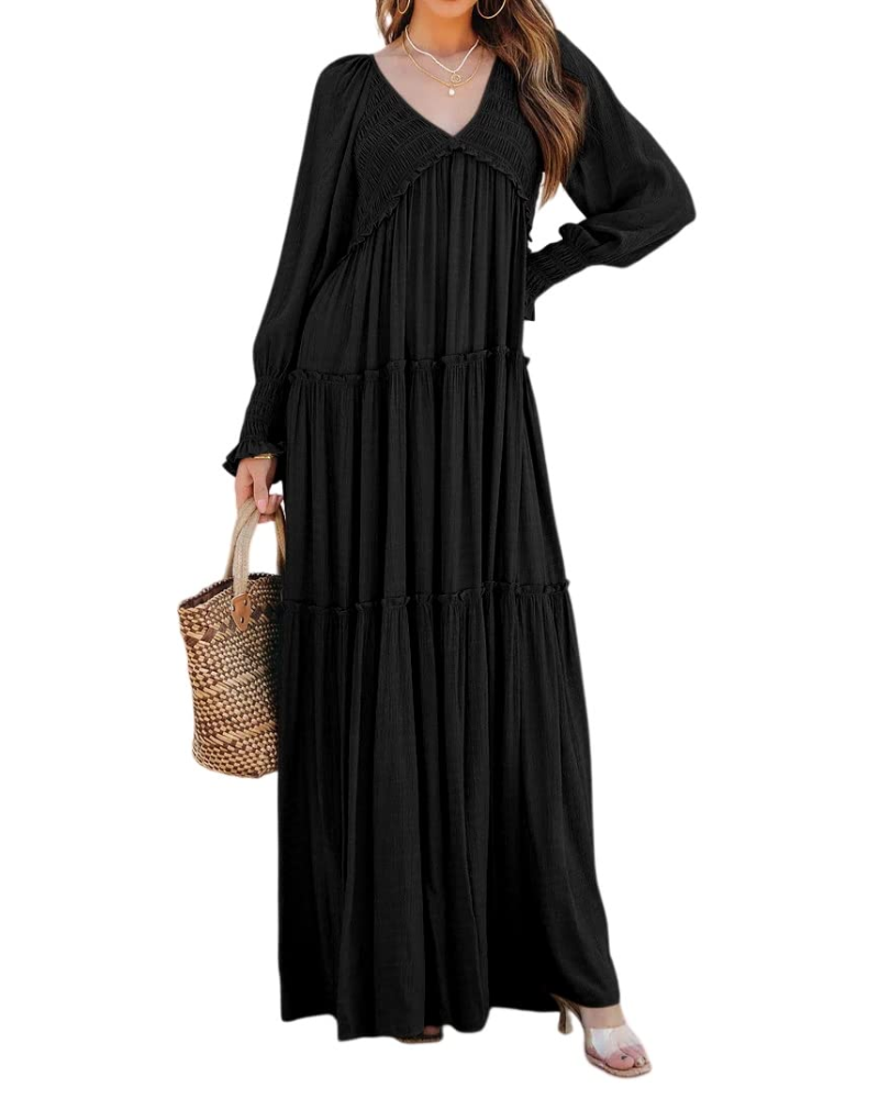 Sophie Vestido de Mujer – Maxi Bohemio con Escote en V, Mangas Largas y Falda con Volantes