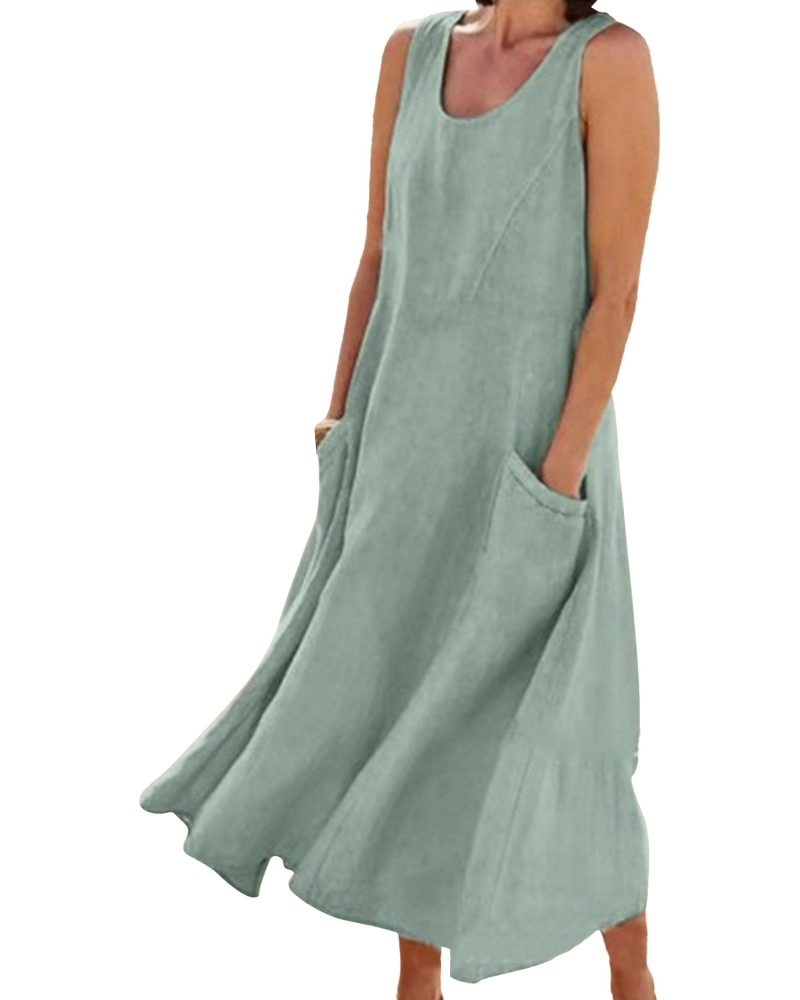Emilia Vestito Donna Maxi – Misto Lino, Senza Maniche, Tasche & Fit Fluido
