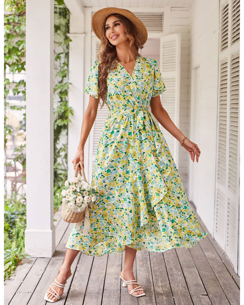 Amelia Robe midi pour femme – Imprimé floral bohème, col en V, volants et ceinture