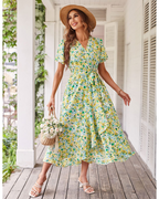 Amelia Robe midi pour femme – Imprimé floral bohème, col en V, volants et ceinture