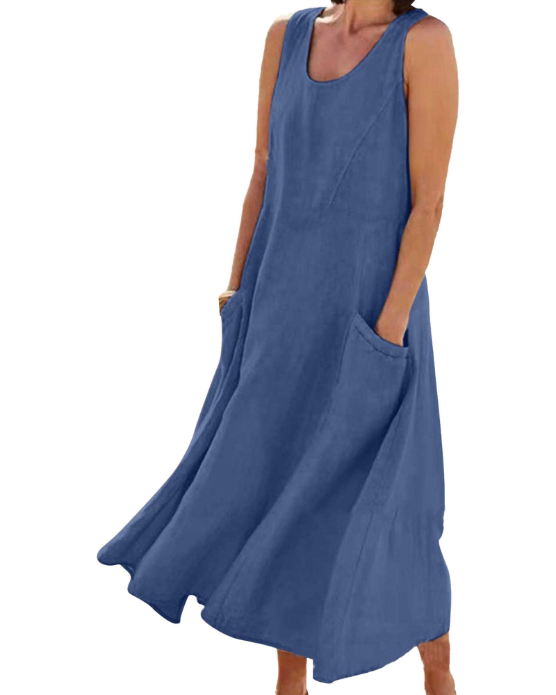Emilia Vestito Donna Maxi – Misto Lino, Senza Maniche, Tasche & Fit Fluido