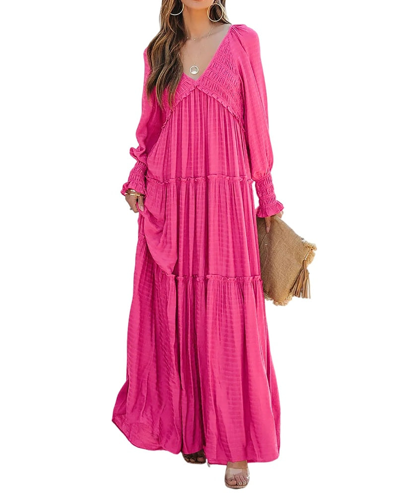 Sophie Vestido de Mujer – Maxi Bohemio con Escote en V, Mangas Largas y Falda con Volantes