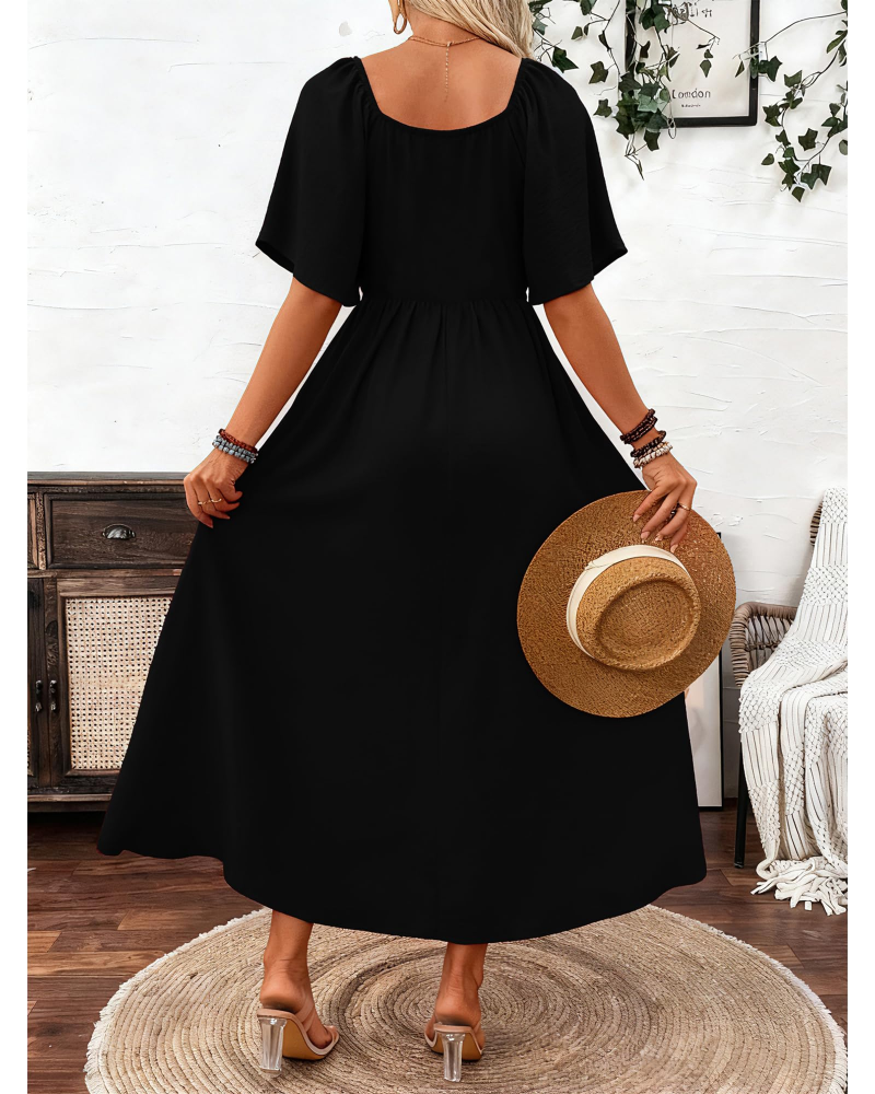 Rochie maxi de damă Celeste – decolteu pătrat, mâneci tip fluture și croială în A