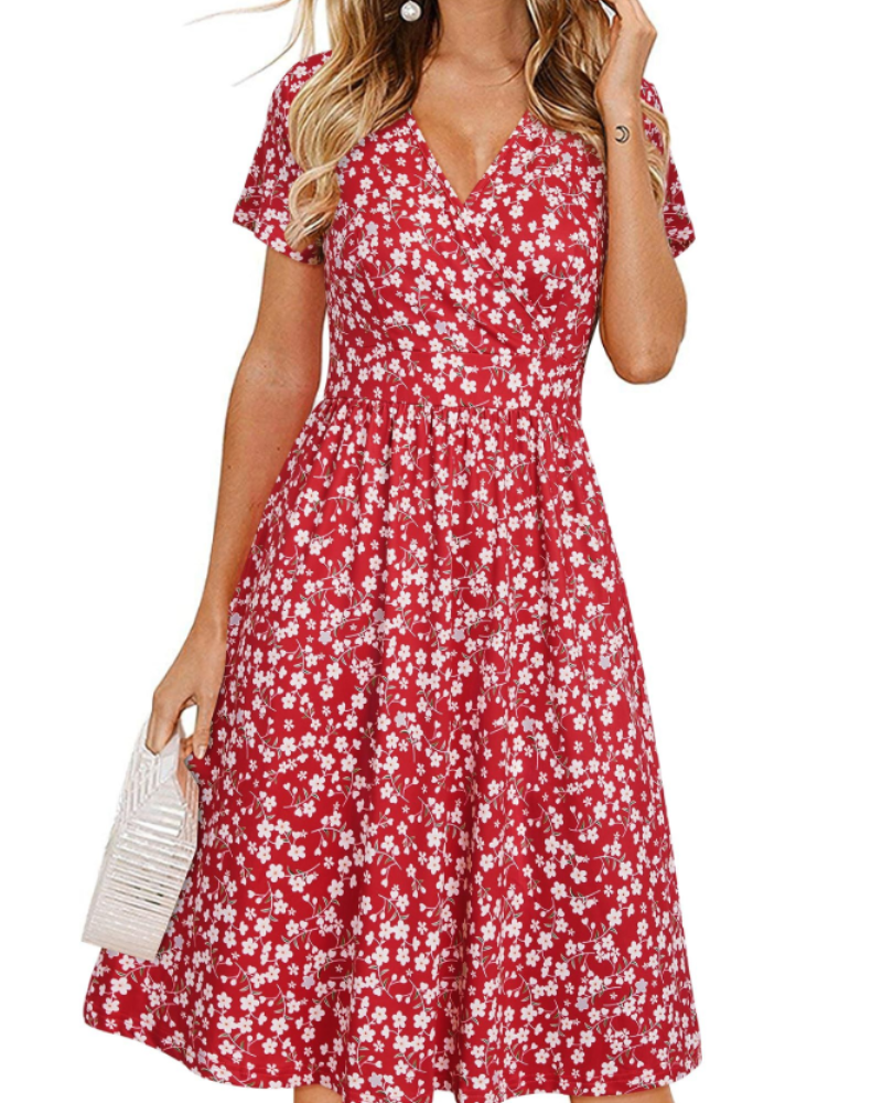 Sienna Vestito Donna Midi – Scollo a V, Maniche Corte, Tasche & Taglio Wrap