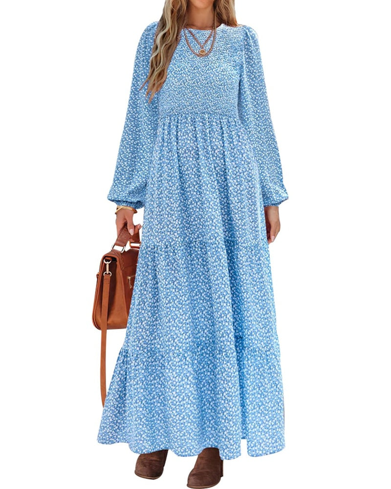 Emma Vestido Mujer – Vestido Largo Floral con Corsé Fruncido, Mangas Largas y Falda con Volantes