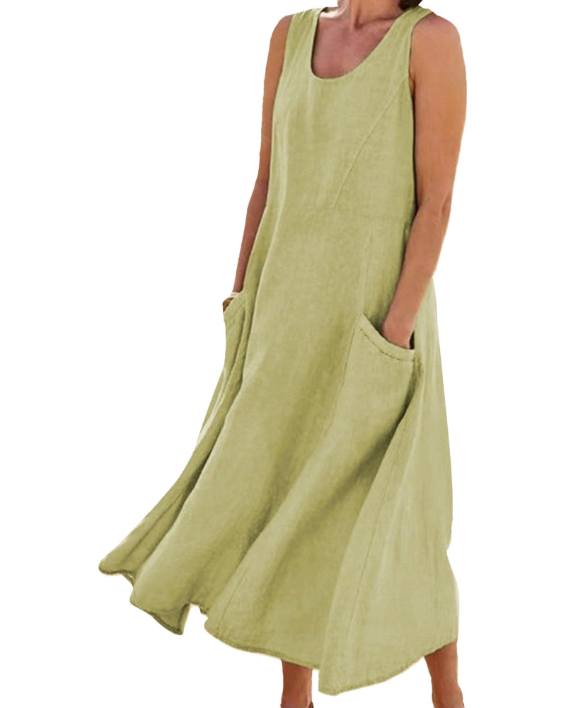 Emilia Vestito Donna Maxi – Misto Lino, Senza Maniche, Tasche & Fit Fluido