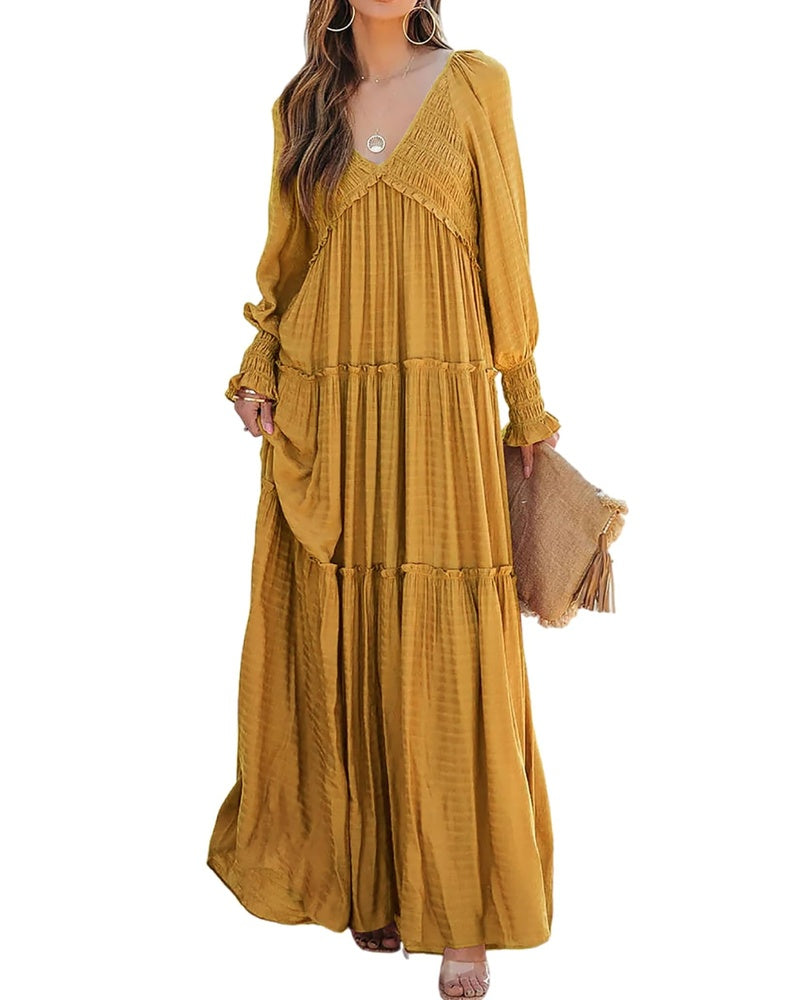 Sophie Vestido de Mujer – Maxi Bohemio con Escote en V, Mangas Largas y Falda con Volantes