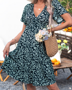 Rochie Ruby pentru femei – Rochie de vară în formă de A cu decolteu în V, mâneci cu volane și imprimeu floral