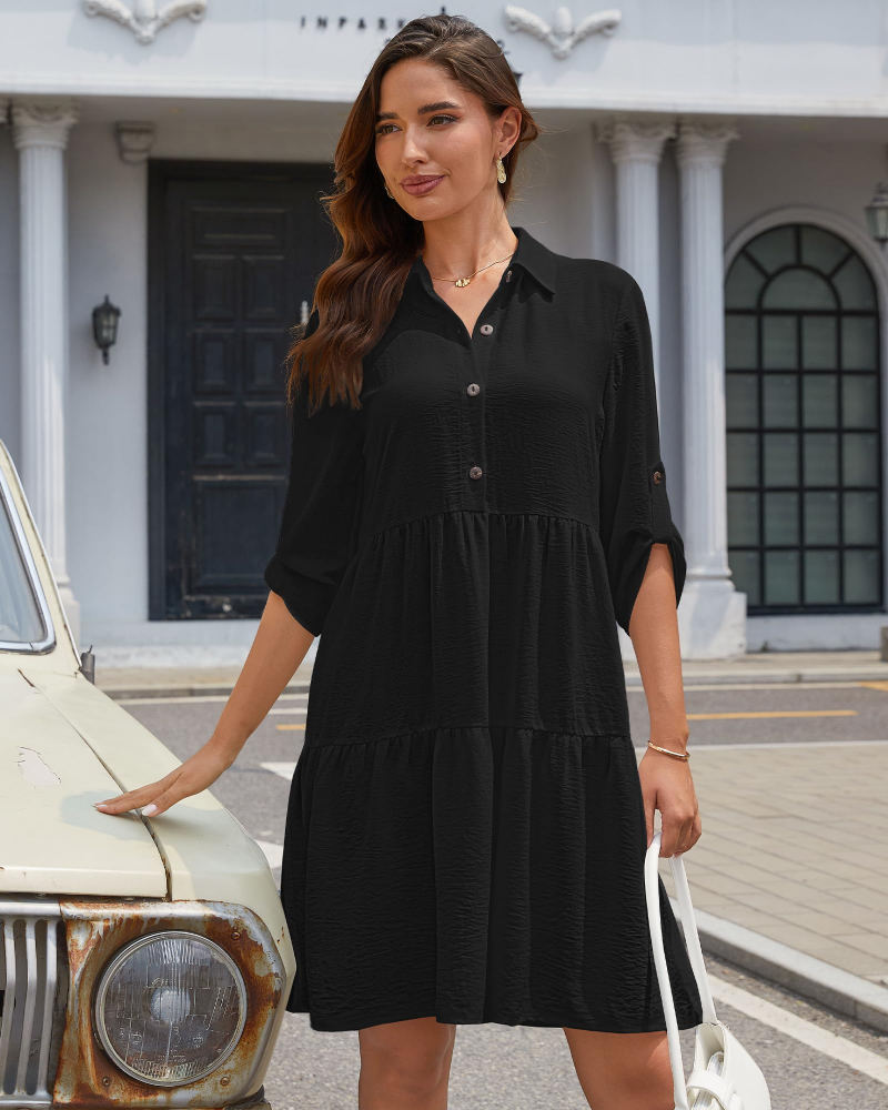 Aurora Abito Mini Damen – A-Linien-Kleid mit Knöpfen, hoher Taille und verstellbaren Ärmeln