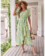 Amelia Robe midi pour femme – Imprimé floral bohème, col en V, volants et ceinture
