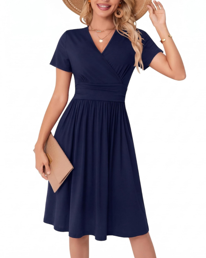 Savannah Dámské midi šaty – Výstřih do V, kapsy, áčkový střih a elegantní fit