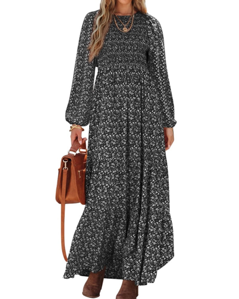 Emma Vestido Mujer – Vestido Largo Floral con Corsé Fruncido, Mangas Largas y Falda con Volantes