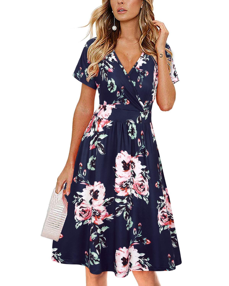 Sienna Vestito Donna Midi – Scollo a V, Maniche Corte, Tasche & Taglio Wrap