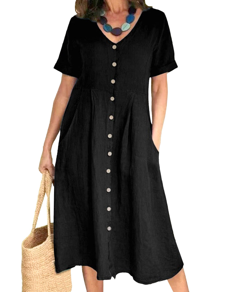 Serena Damen-Midikleid – Leinenmischung, V-Ausschnitt, Knöpfe & Plus-Size-Passform