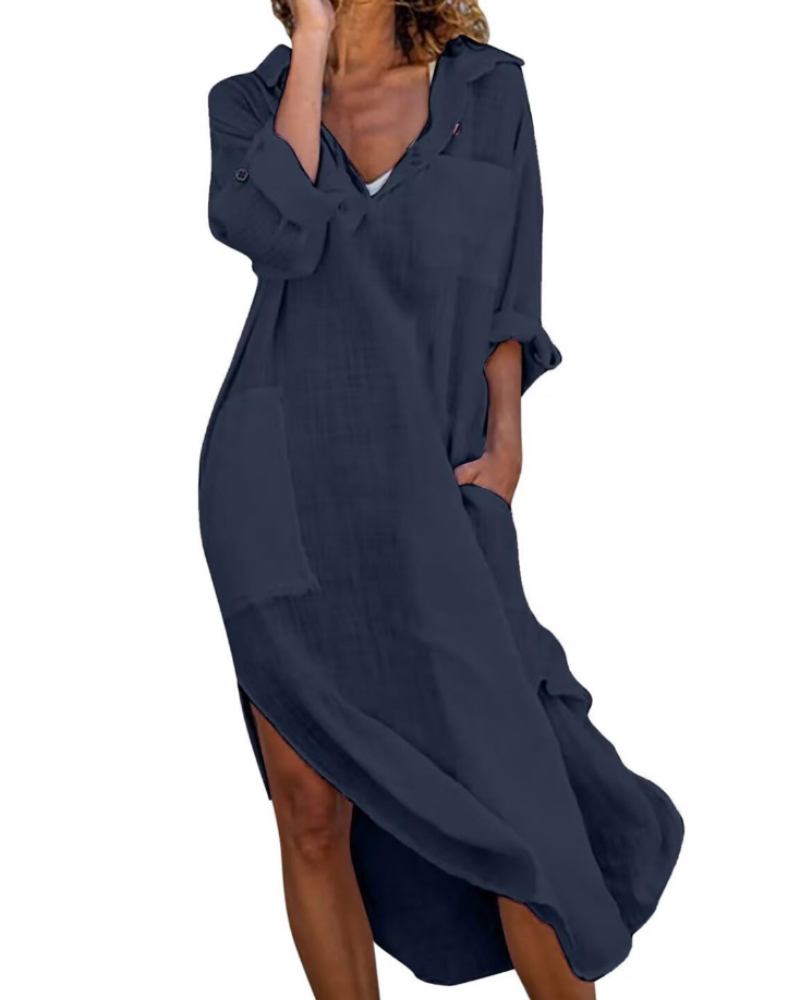 Madison Vestido Mujer – Vestido Camisa Largo de Algodón y Lino con Mangas Remangadas y Botones