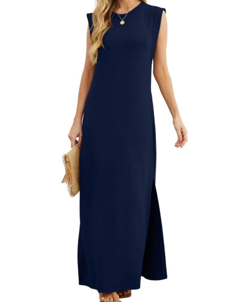Brielle Vestido Mujer Maxi – Cuello Redondo, Sin Mangas, Bolsillos y Abertura