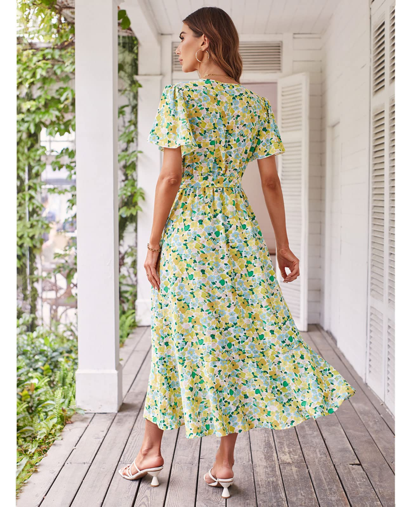 Amelia Robe midi pour femme – Imprimé floral bohème, col en V, volants et ceinture