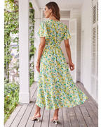 Amelia Robe midi pour femme – Imprimé floral bohème, col en V, volants et ceinture