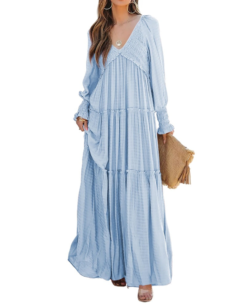 Sophie Vestido de Mujer – Maxi Bohemio con Escote en V, Mangas Largas y Falda con Volantes