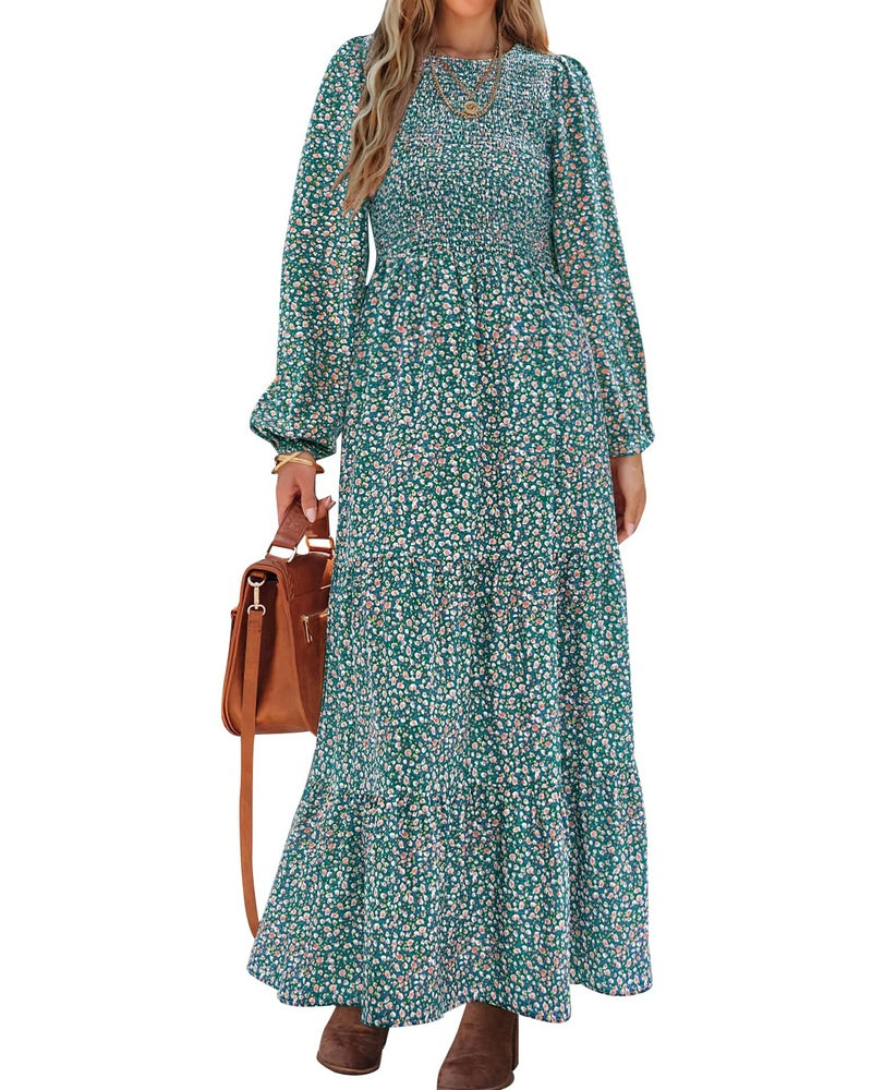 Emma Vestido Mujer – Vestido Largo Floral con Corsé Fruncido, Mangas Largas y Falda con Volantes