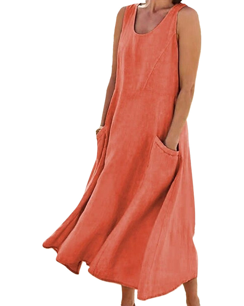 Emilia Vestito Donna Maxi – Misto Lino, Senza Maniche, Tasche & Fit Fluido