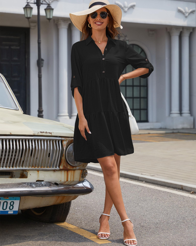 Aurora Abito Mini Damen – A-Linien-Kleid mit Knöpfen, hoher Taille und verstellbaren Ärmeln