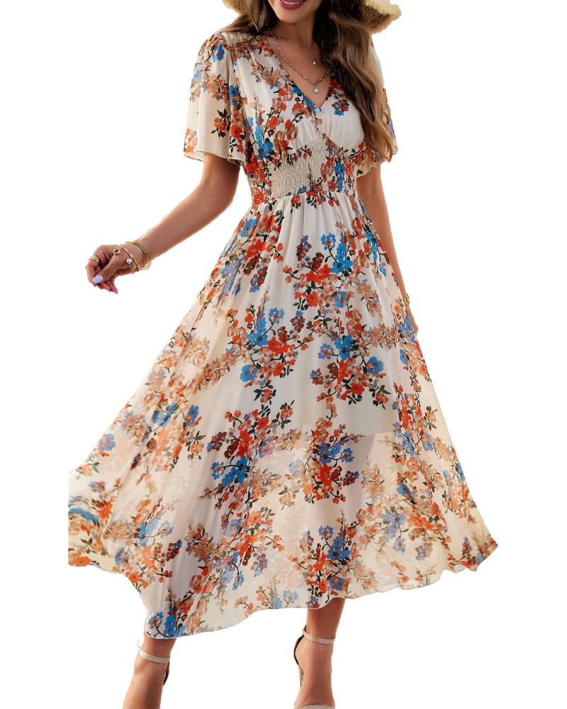 Eliza Robe midi pour femme – Col en V, manches courtes, taille haute et ourlet fluide