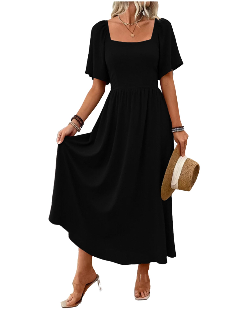 Rochie maxi de damă Celeste – decolteu pătrat, mâneci tip fluture și croială în A