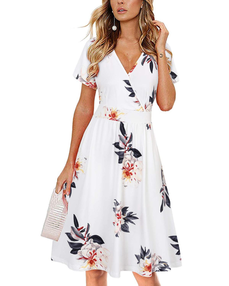 Sienna Vestito Donna Midi – Scollo a V, Maniche Corte, Tasche & Taglio Wrap