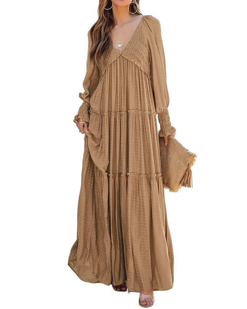 Sophie Vestido de Mujer – Maxi Bohemio con Escote en V, Mangas Largas y Falda con Volantes