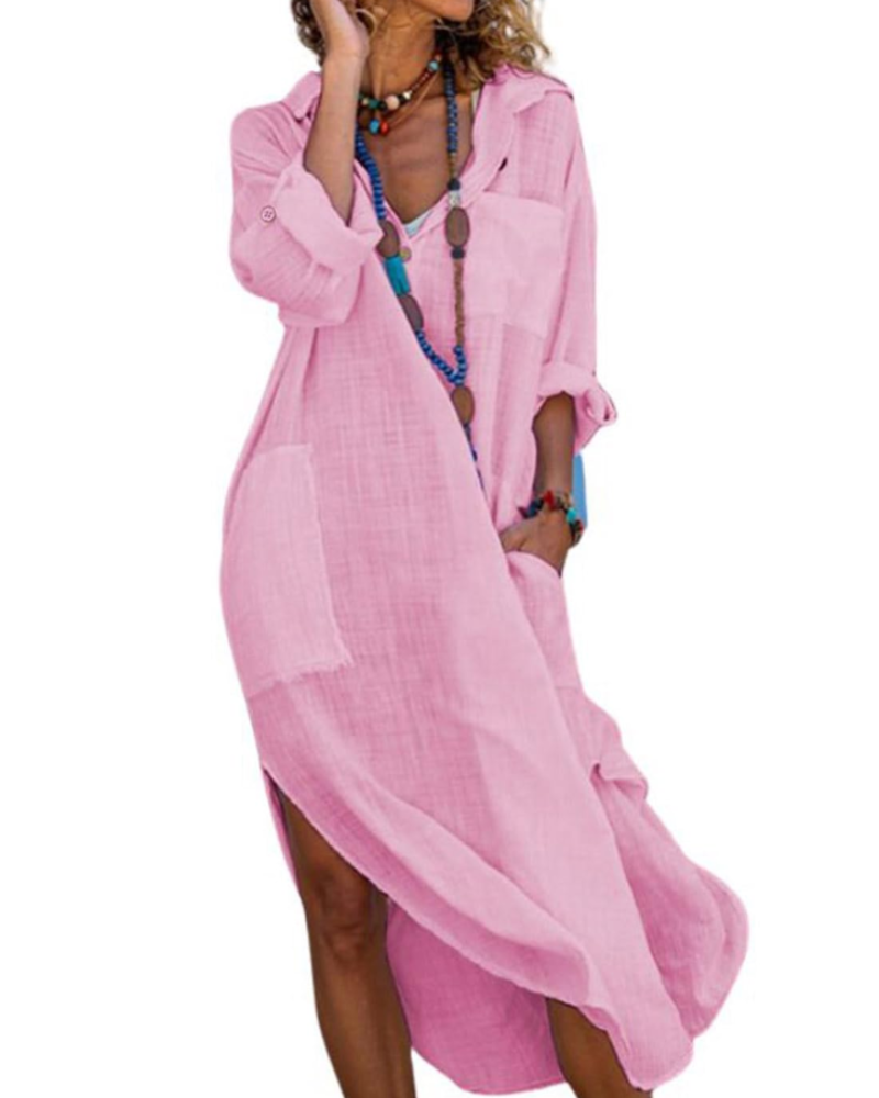 Madison Vestido Mujer – Vestido Camisa Largo de Algodón y Lino con Mangas Remangadas y Botones