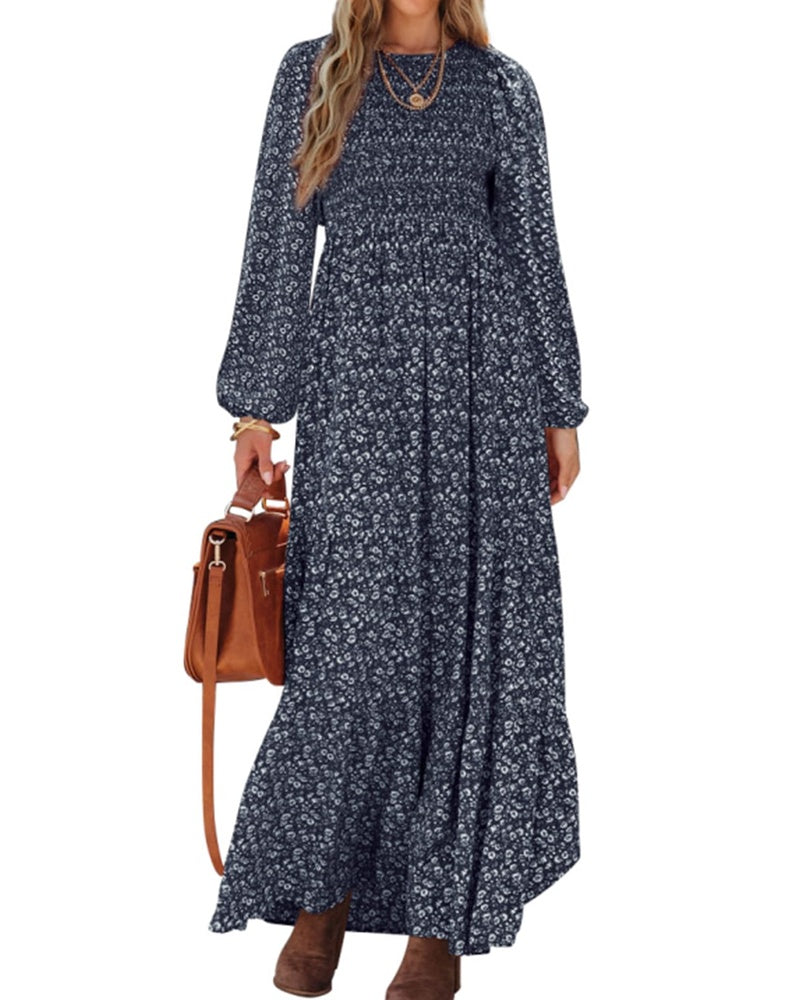 Emma Vestido Mujer – Vestido Largo Floral con Corsé Fruncido, Mangas Largas y Falda con Volantes