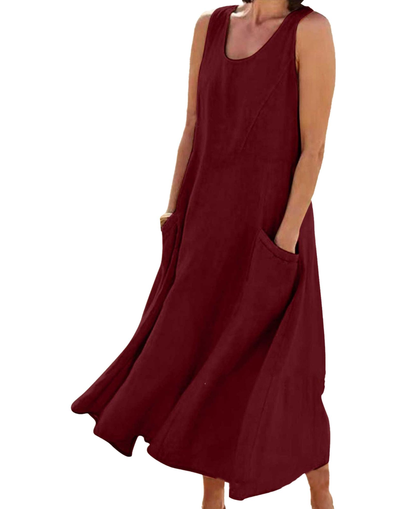 Emilia Vestito Donna Maxi – Misto Lino, Senza Maniche, Tasche & Fit Fluido