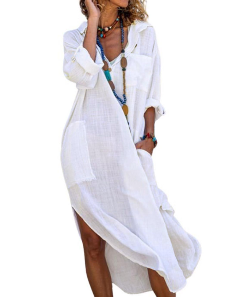 Madison Vestido Mujer – Vestido Camisa Largo de Algodón y Lino con Mangas Remangadas y Botones