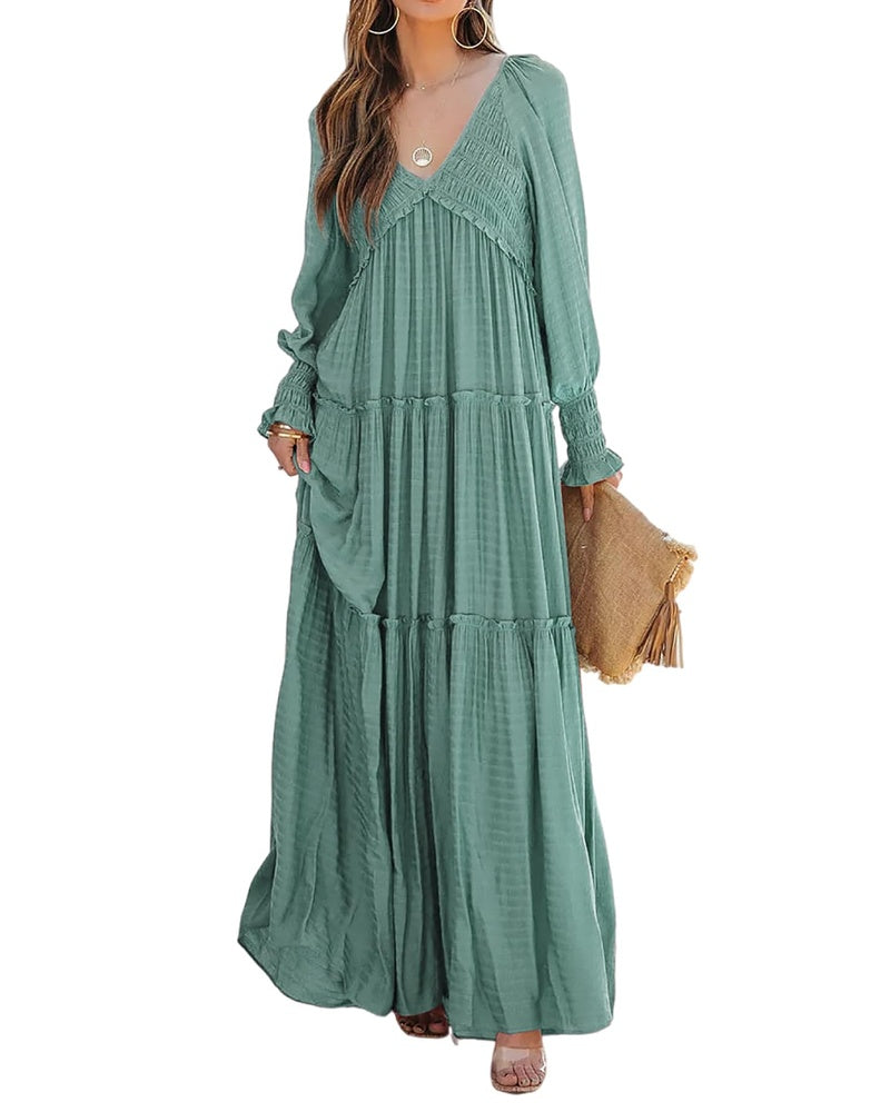 Sophie Vestido de Mujer – Maxi Bohemio con Escote en V, Mangas Largas y Falda con Volantes