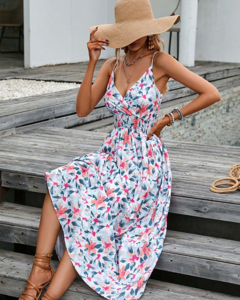 Ivy Abito Donna – Vestito Estivo Floreale con Scollo a V, Spalline Sottili & Vita Alta