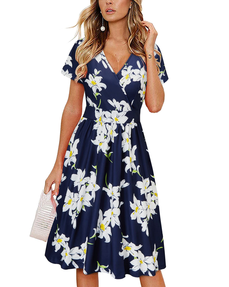 Sienna Vestito Donna Midi – Scollo a V, Maniche Corte, Tasche & Taglio Wrap