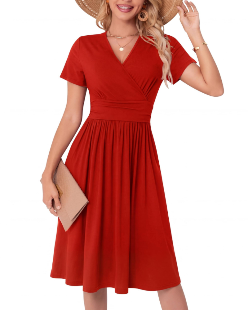 Savannah Dámské midi šaty – Výstřih do V, kapsy, áčkový střih a elegantní fit