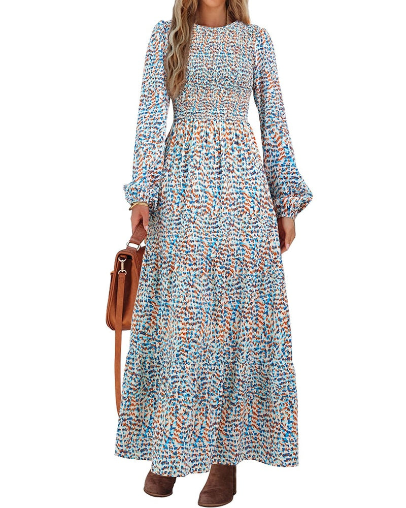 Emma Vestido Mujer – Vestido Largo Floral con Corsé Fruncido, Mangas Largas y Falda con Volantes