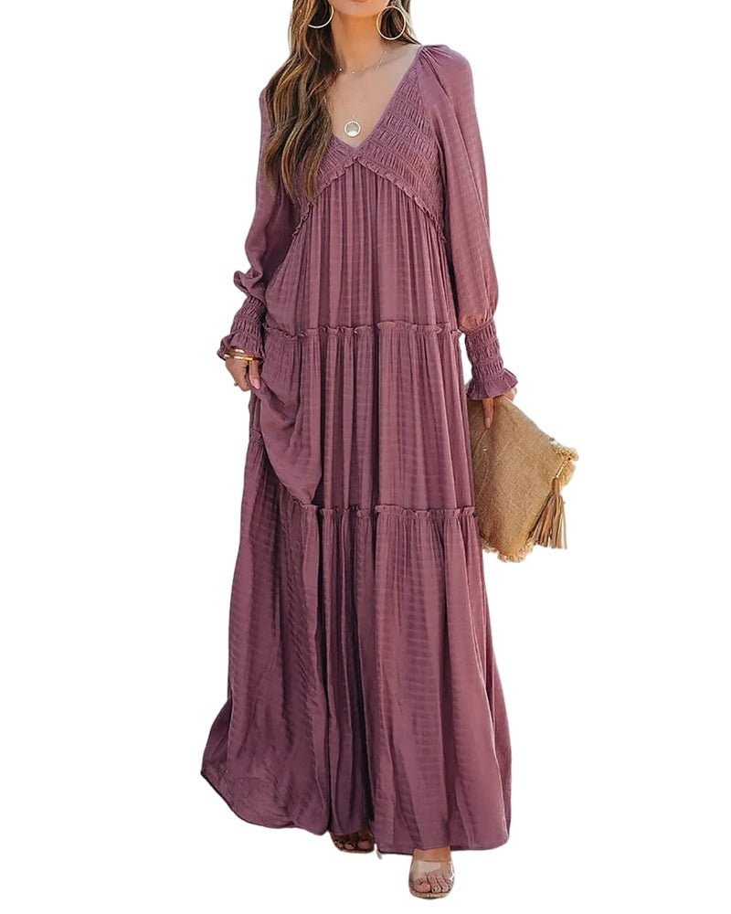 Sophie Vestido de Mujer – Maxi Bohemio con Escote en V, Mangas Largas y Falda con Volantes