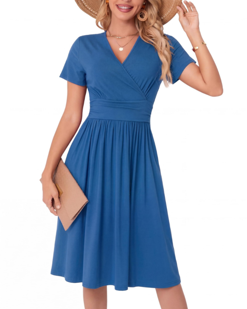 Savannah Dámské midi šaty – Výstřih do V, kapsy, áčkový střih a elegantní fit