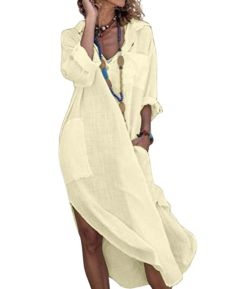 Madison Vestido Mujer – Vestido Camisa Largo de Algodón y Lino con Mangas Remangadas y Botones